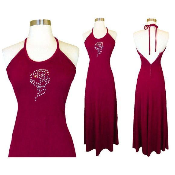 Vintage 70s Maroon Burgundy Red Rhinestone Rose Halter Prom Party Maxi Dress XXS - Picture 1 of 12